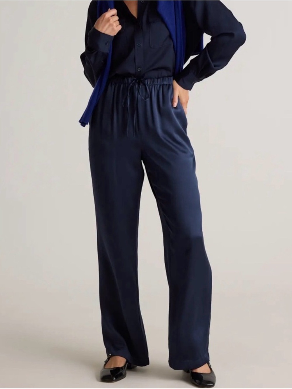 Quince Navy Silk Tie Waist Pants Size L NWT